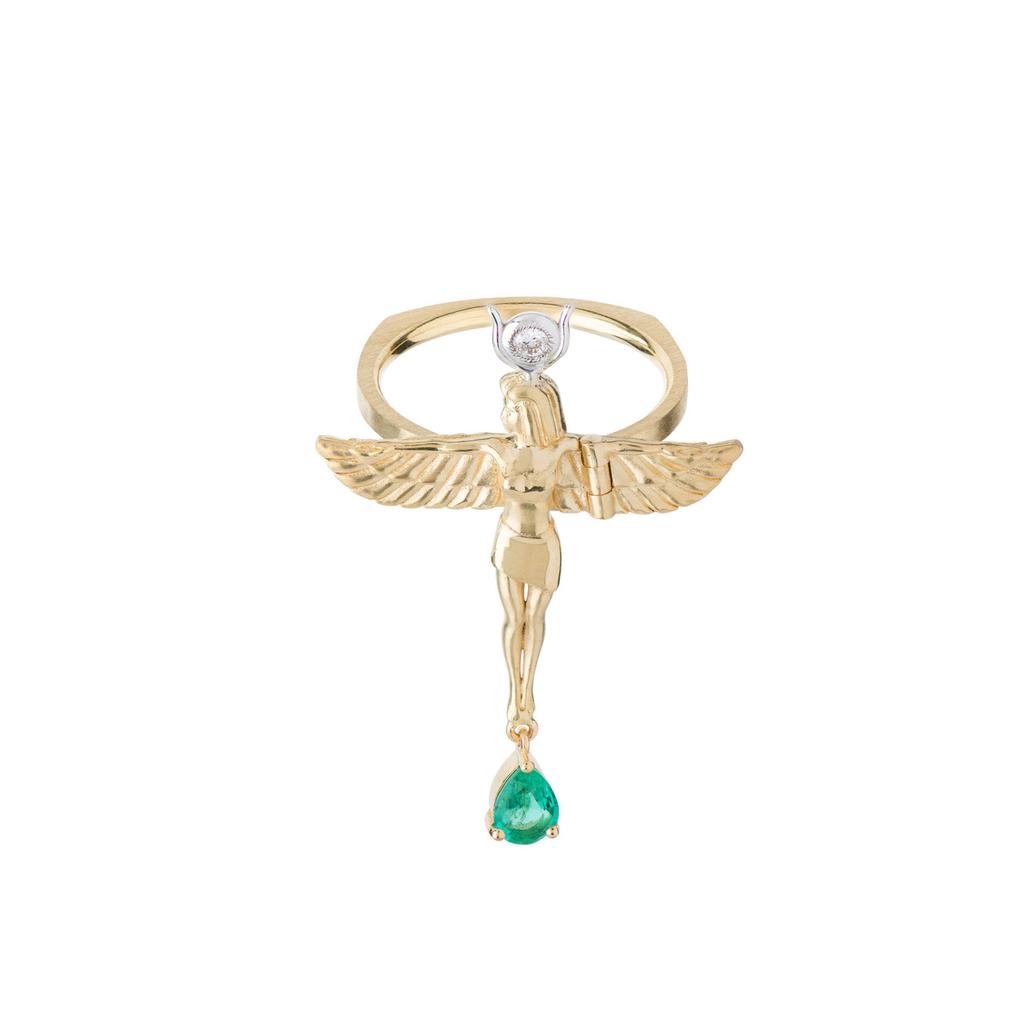 Mozafarian Emerald and diamond virgo ring