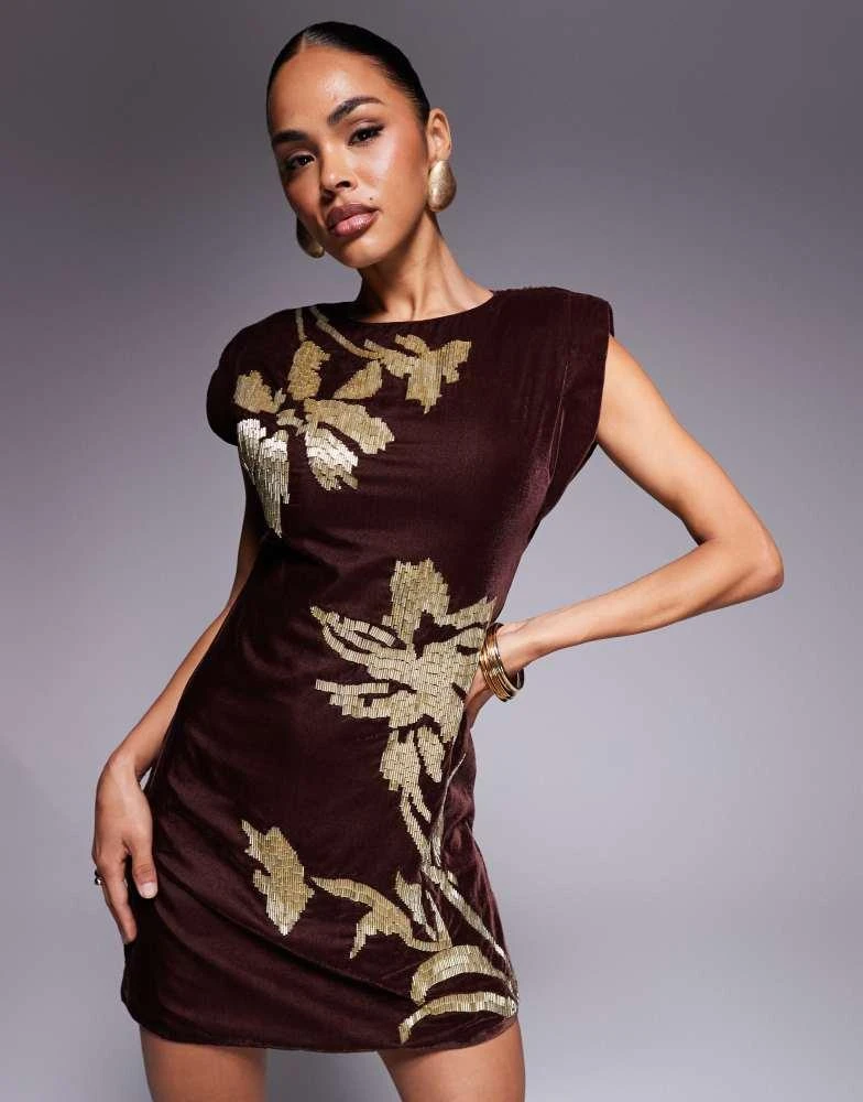 ASOS ASOS DESIGN velvet shoulder pad mini dress with floral embellishment  in mulberry - Dresses & Skirts - Free Shipping - BeyondStyle