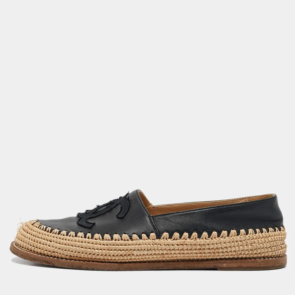 Chanel Chanel Beige/Black Leather and Raffia CC Espadrille Flats Size 36 1