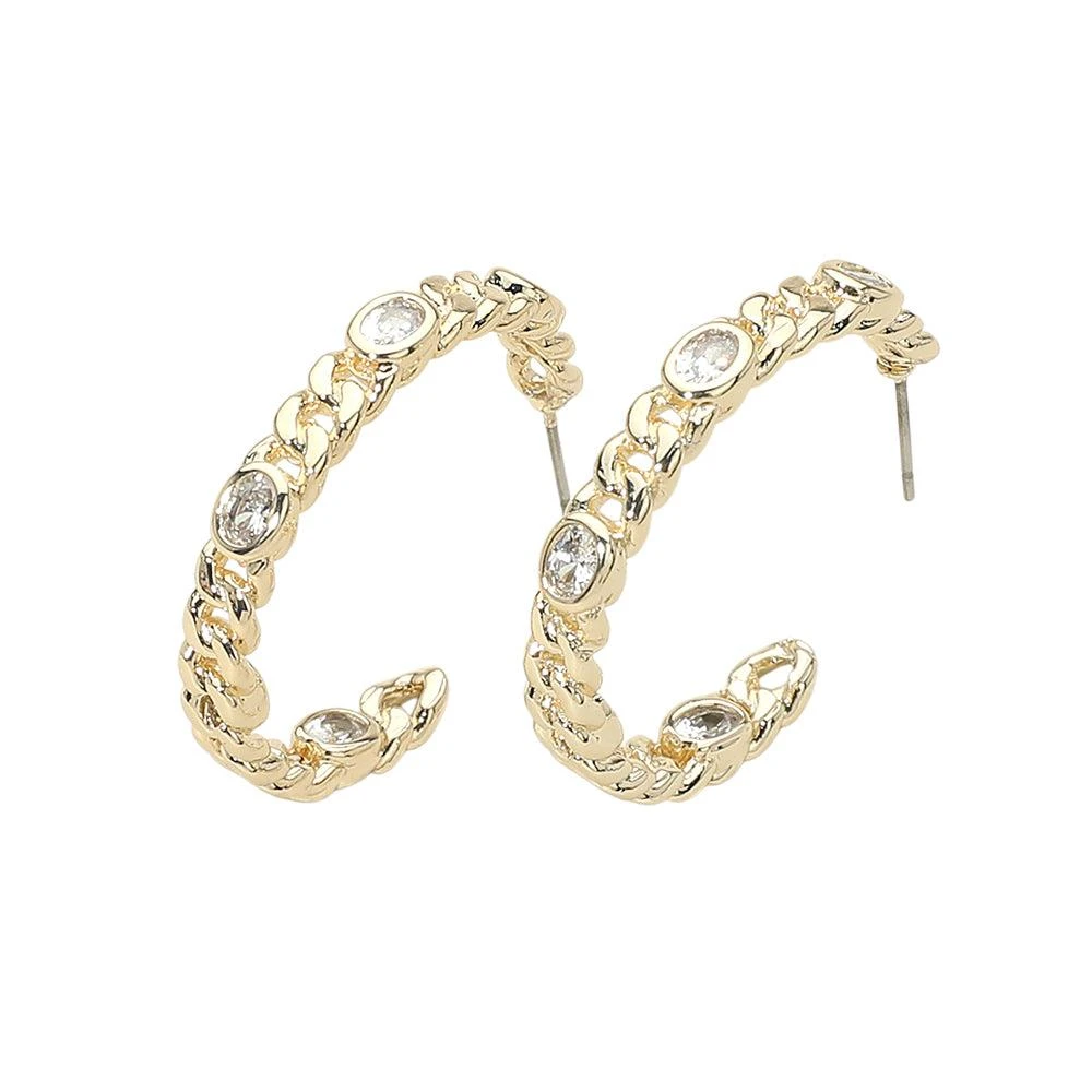 FASHNZFAB 14K Gold Plated Oval CZ Stone Accent Chain Hoop Earrings 2