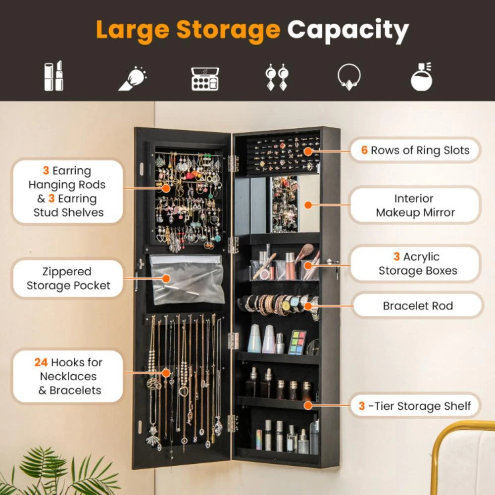 Hivvago Mirrored Jewelry Armoire with Full Length Mirror and 2 Internal LED Lights-Black 4