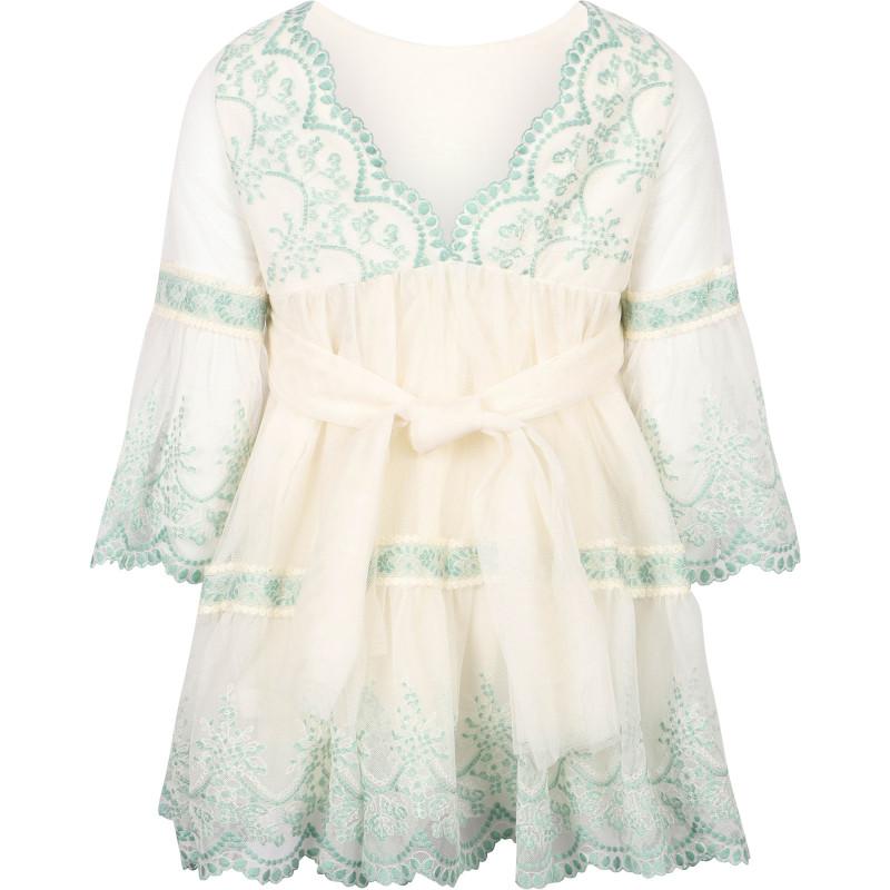 Abel & Lula Embroidered tulle dress with scalloped hem in cream and mint