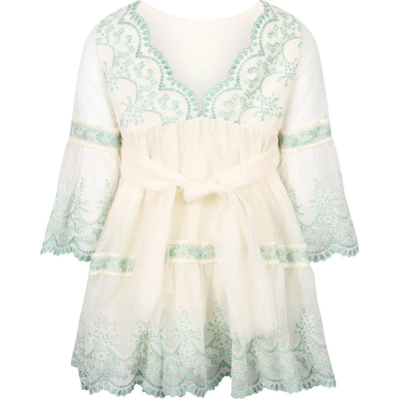 Abel & Lula Embroidered tulle dress with scalloped hem in cream and mint 2