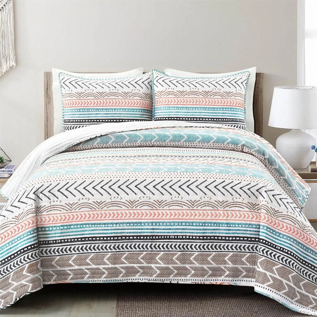 Hivvago Scandinavian Chevron Teal White Orange Reversible Cotton Quilt Set
