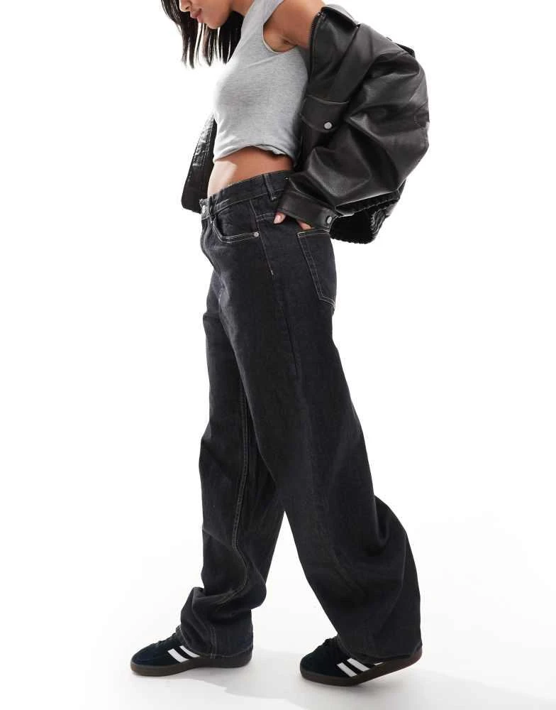 Bershka Bershka ultra wide leg contrast stitch jeans in black 2