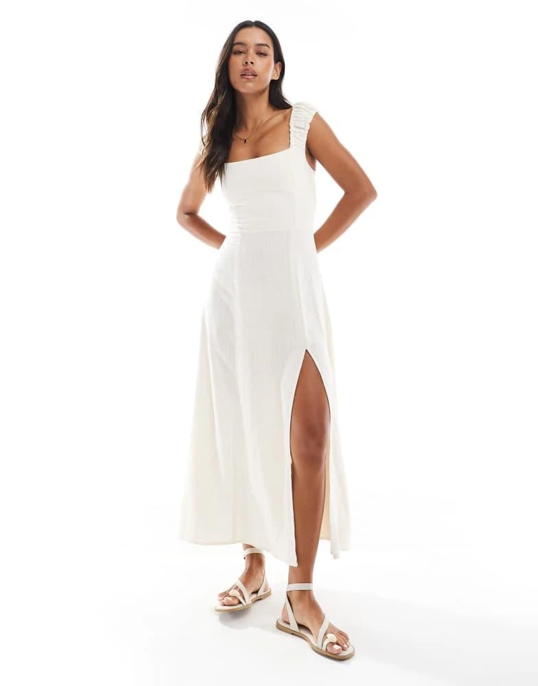 Stradivarius Stradivarius milkmaid midi dress with slit in beige 1