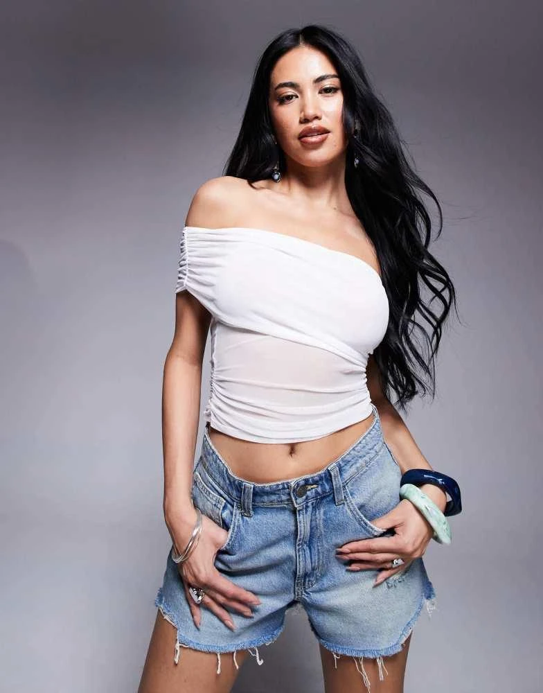 ASOS ASOS DESIGN mesh ruched one shoulder top in ivory 1