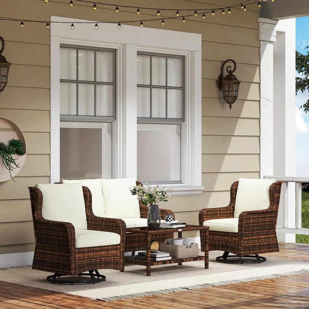 Hivvago Outdoor 4-Piece Rattan Patio Set with Loveseat and Swivel Chairs 2