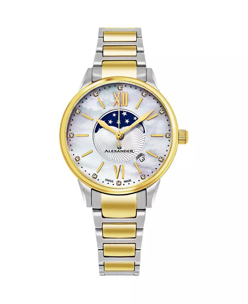 Stuhrling Alexander Watch AD204B-04, Ladies Quartz Moonphase Date Watch with Yellow Gold Tone Stainless Steel Case on Yellow Gold Tone Stainless Steel Bracelet