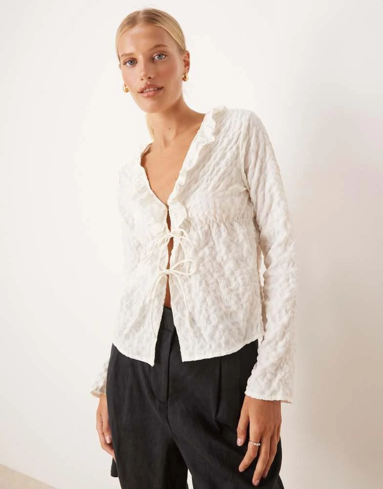 Brave Soul Brave Soul Seersucker frill collar tie front blouse in cream 1