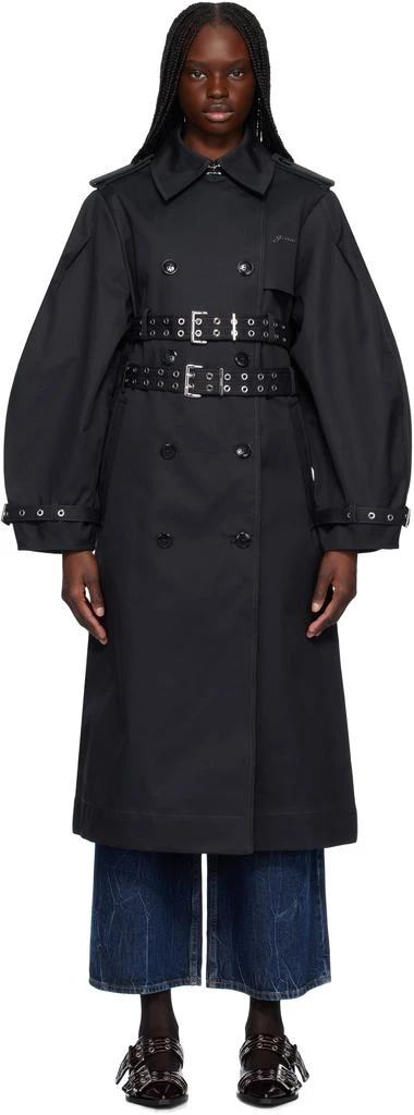 Ganni Black Bonded Cotton Trench Coat 1