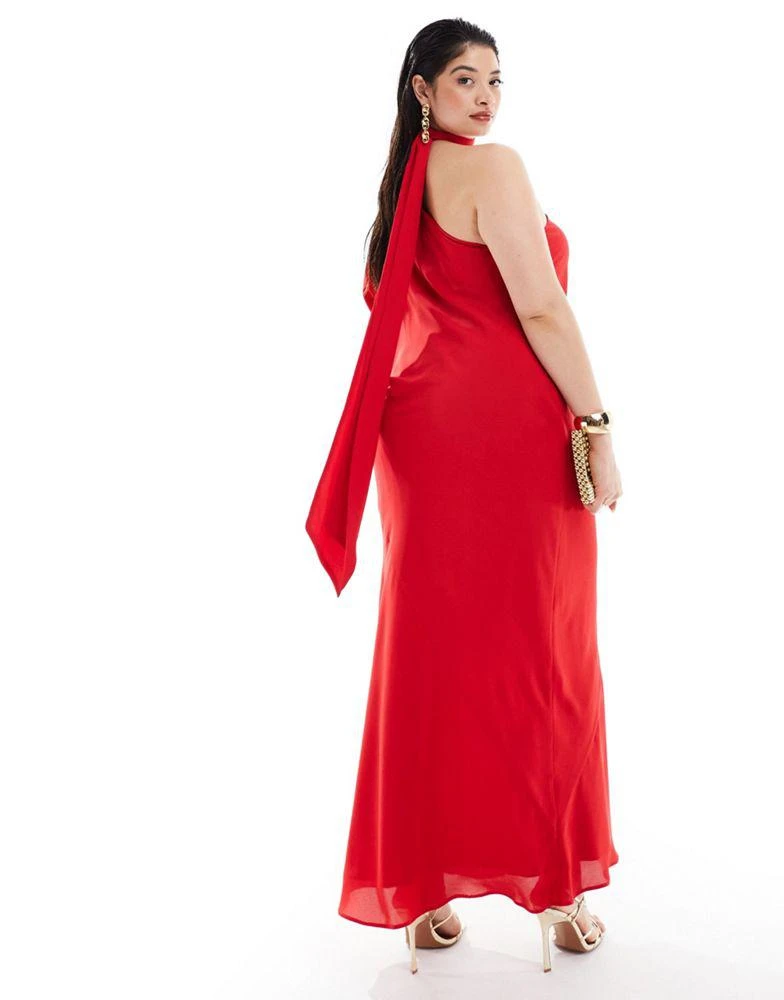 ASOS ASOS DESIGN Curve exclusive one sleeve tie neck maxi dress with batwing detail in red 4