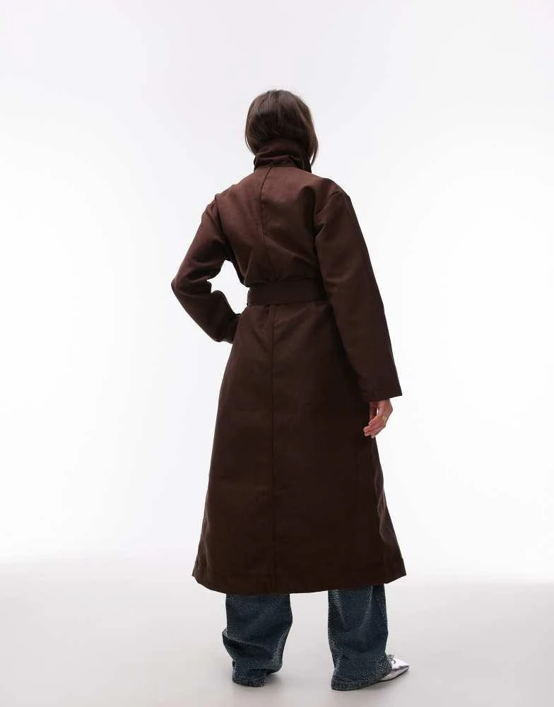 Topshop Topshop faux suede oversized trench coat in chocolate