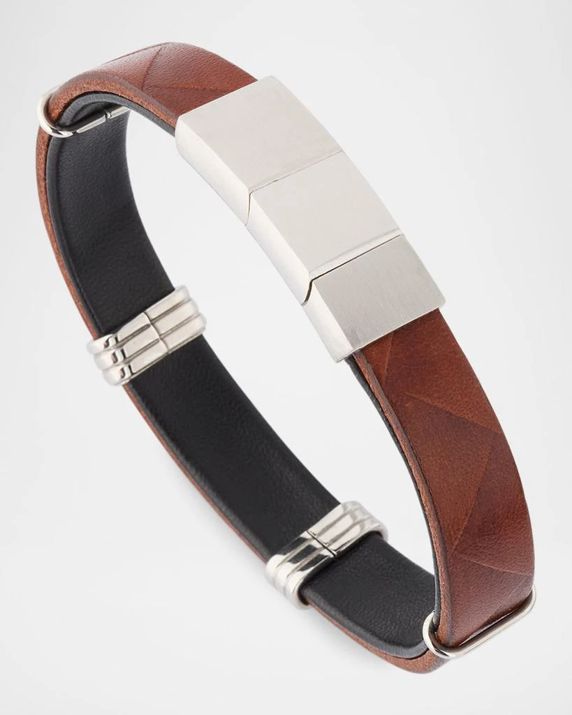 Link Up Men's Embossed Chevron Leather and Stainless Steel Bracelet 3