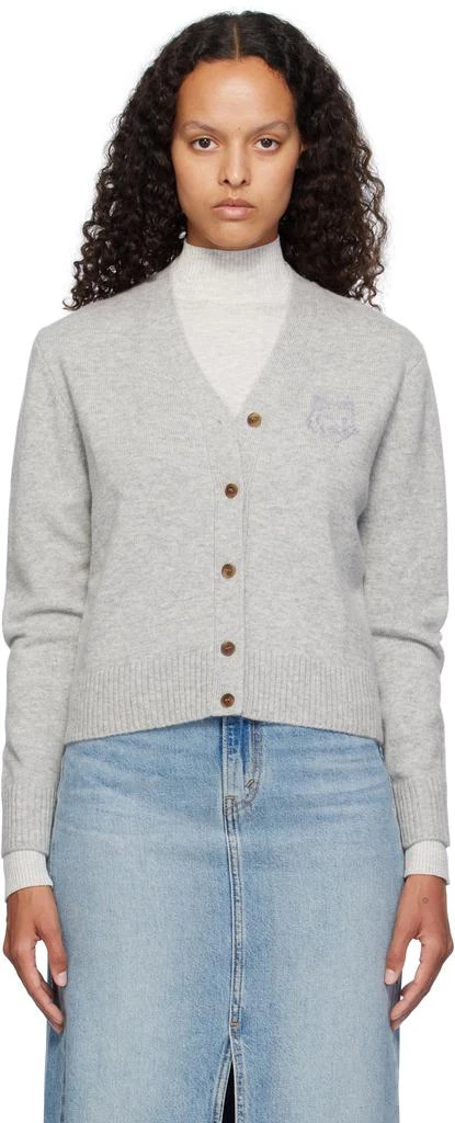 Maison Kitsune Gray Bold Fox Head Embroidered Cropped Cardigan 1