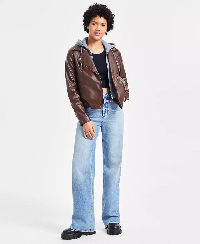 Jou Jou Juniors' Hooded Faux-Leather Moto Jacket, Created for Macy's
