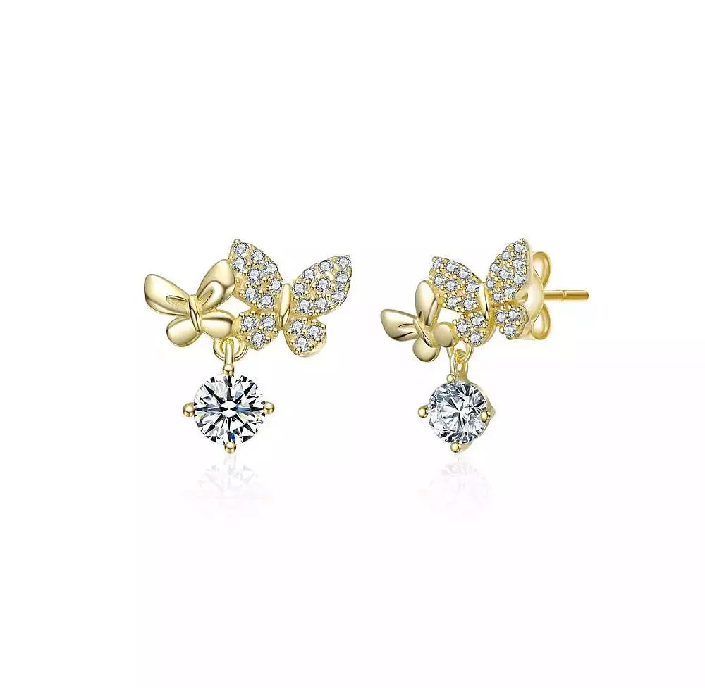 Rachel Glauber Round CZ Double Butterfly Stud Earrings in 14K Gold Plated