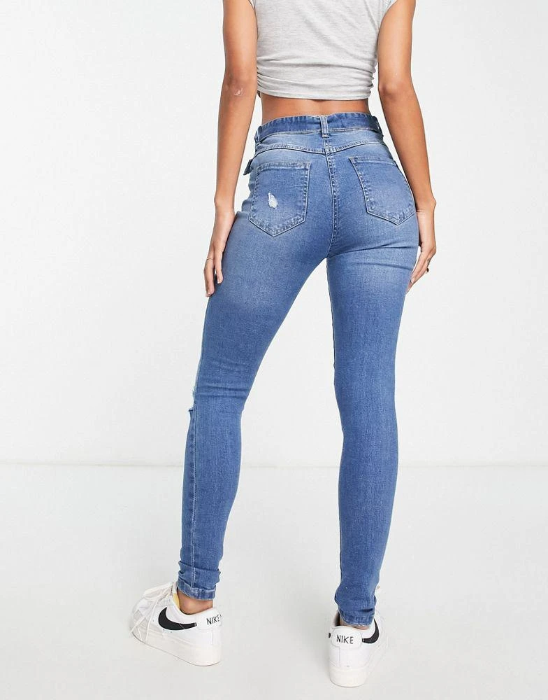 Parisian Parisian belted skinny jeans in mid blue 2
