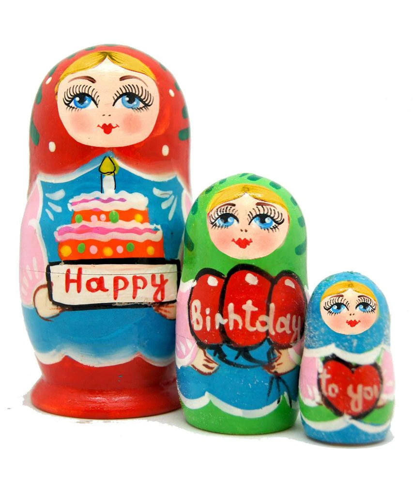 G. Debrekht Designocracy Happy Birthday 3-piece Russian Matreshka Nested Doll