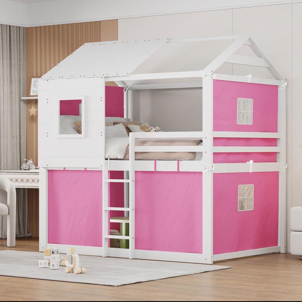 Streamdale Furniture Streamdale Full Size Bunk Wood House Bed with Tent, Pink+White