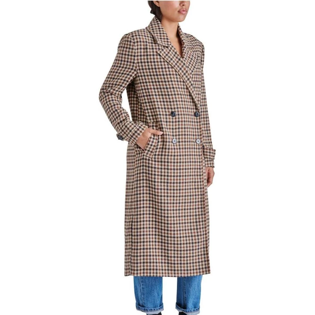 Steve Madden Prince Double Breasted Long Coat In Brown Plaid 3