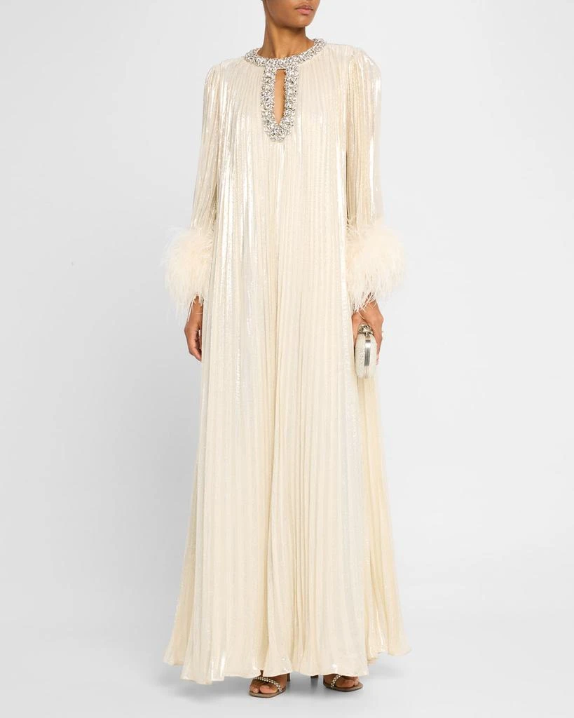 Self Portrait Pleated Metallic Feather-Cuff Maxi Dress 2