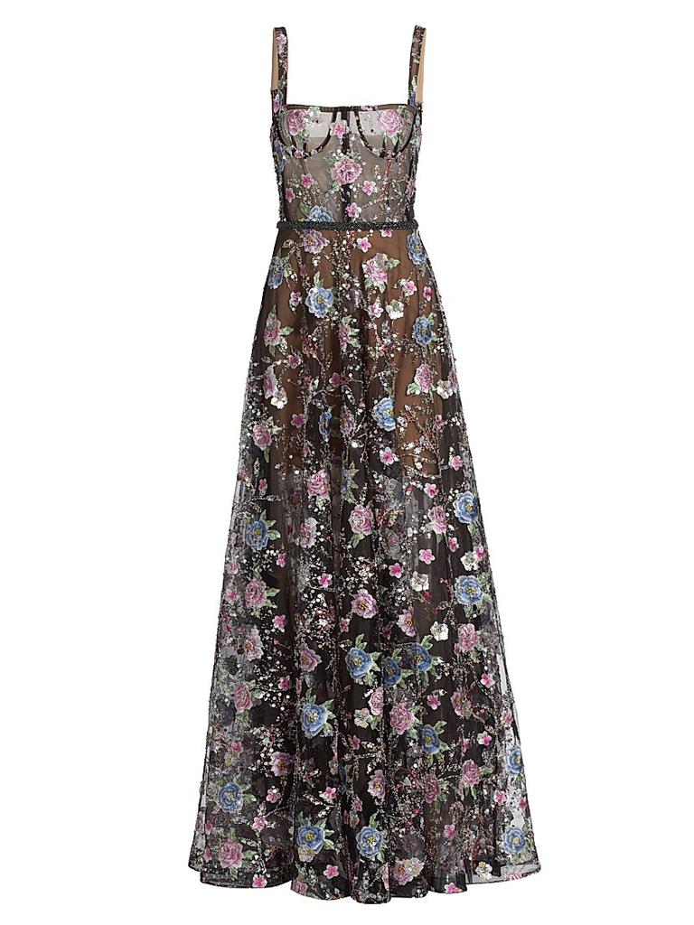 BRONX AND BANCO Midnight Floral Embroidered A-Line Gown