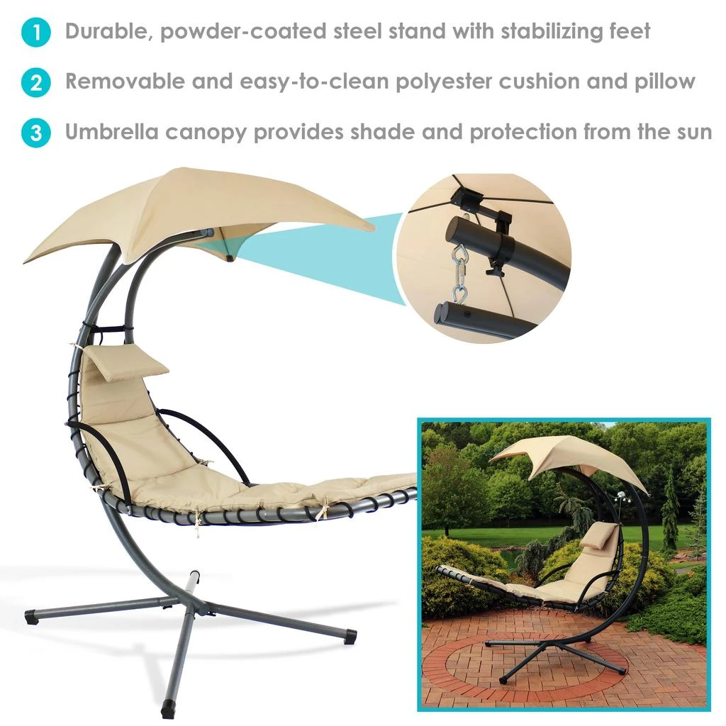 Sunnydaze Outdoor Hanging Chaise Floating Lounge Chair with Canopy Umbrella and Stand 2