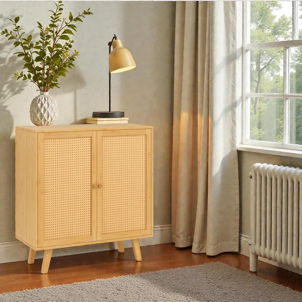 Hivvago Freestanding Bamboo Buffet with Woven PE Rattan Doors and Ample Storage