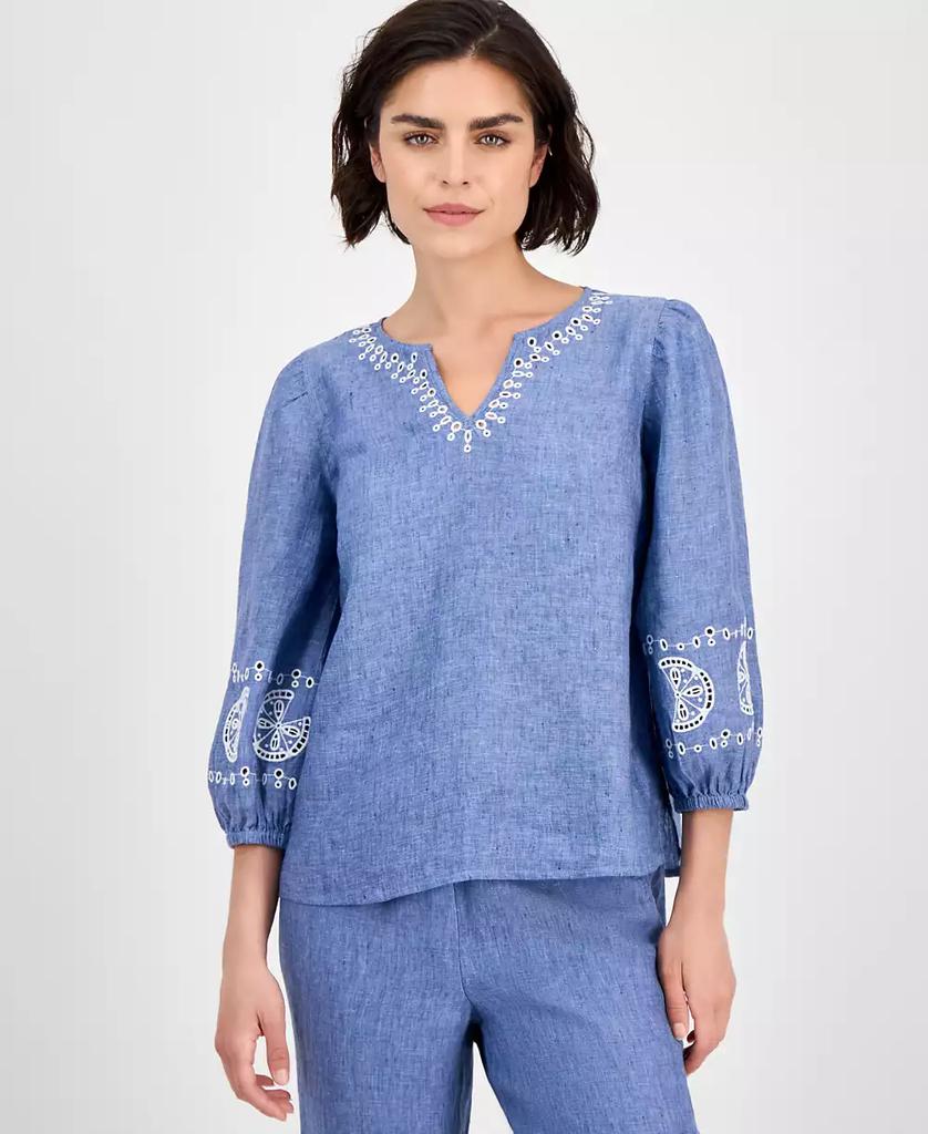 Charter Club Women's Embroidered Woven 100% Linen Eyelet Top, Exclusively at Macy's