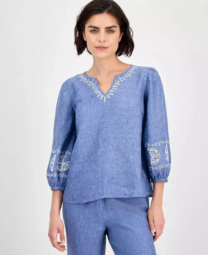 Charter Club Women's Embroidered Woven 100% Linen Eyelet Top, Exclusively at Macy's 1