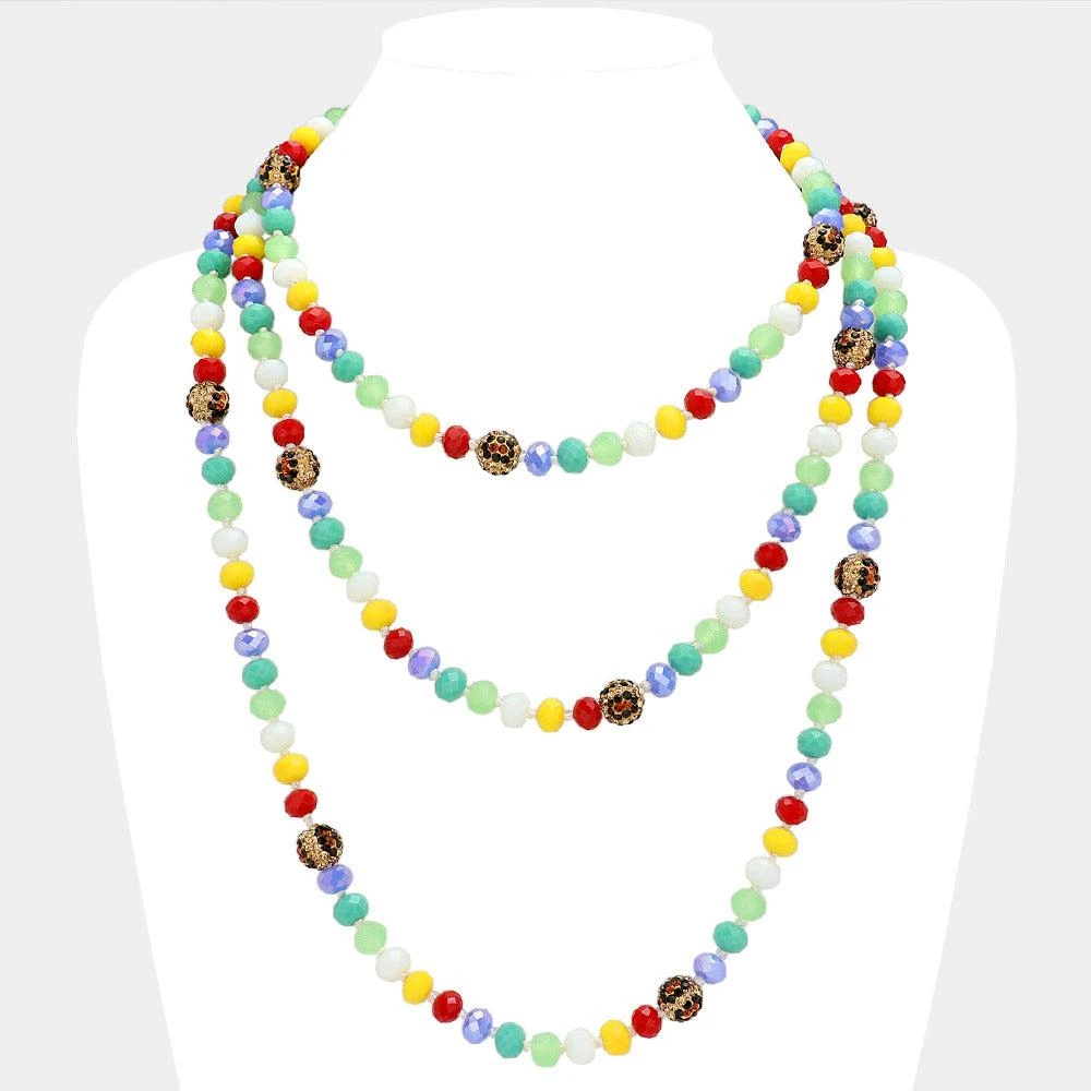 FASHNZFAB Leopard Pattern Shamballa Ball Accented Faceted Bead Long Necklace