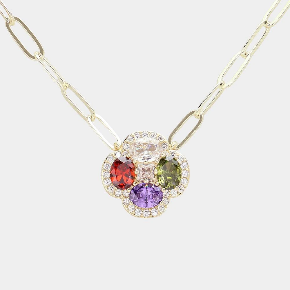 FASHNZFAB 14K Gold Plated CZ Stone Flower Pendant Necklace