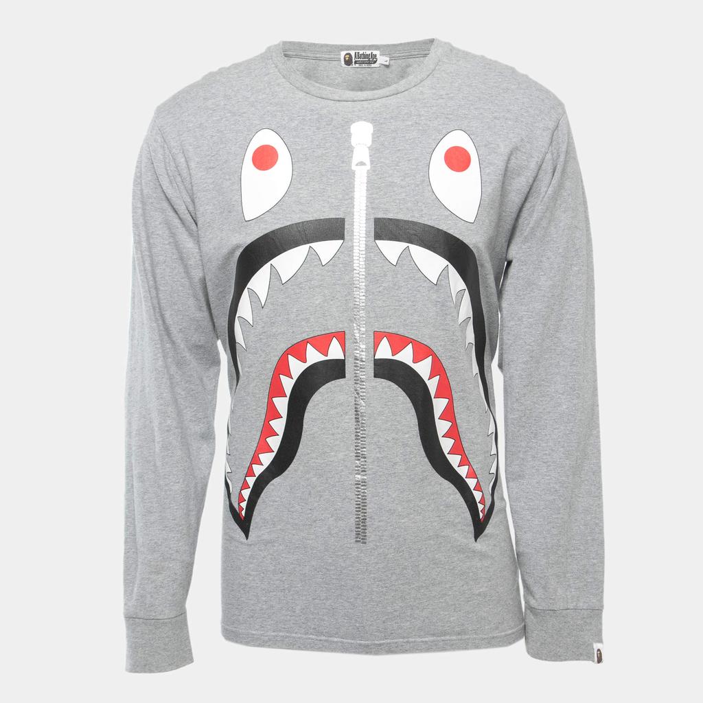 A Bathing Ape A Bathing Ape Grey Shark Print Cotton Crew Neck Long Sleeve T-Shirt L