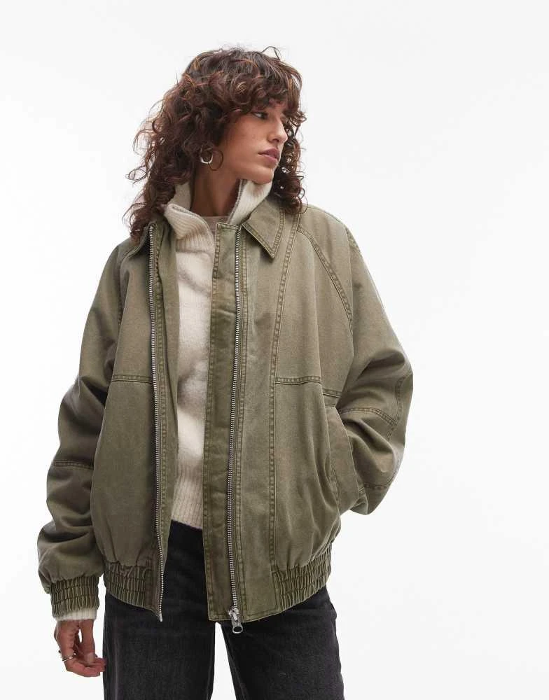 Topshop Topshop acid washed bomber jacket in khaki 3