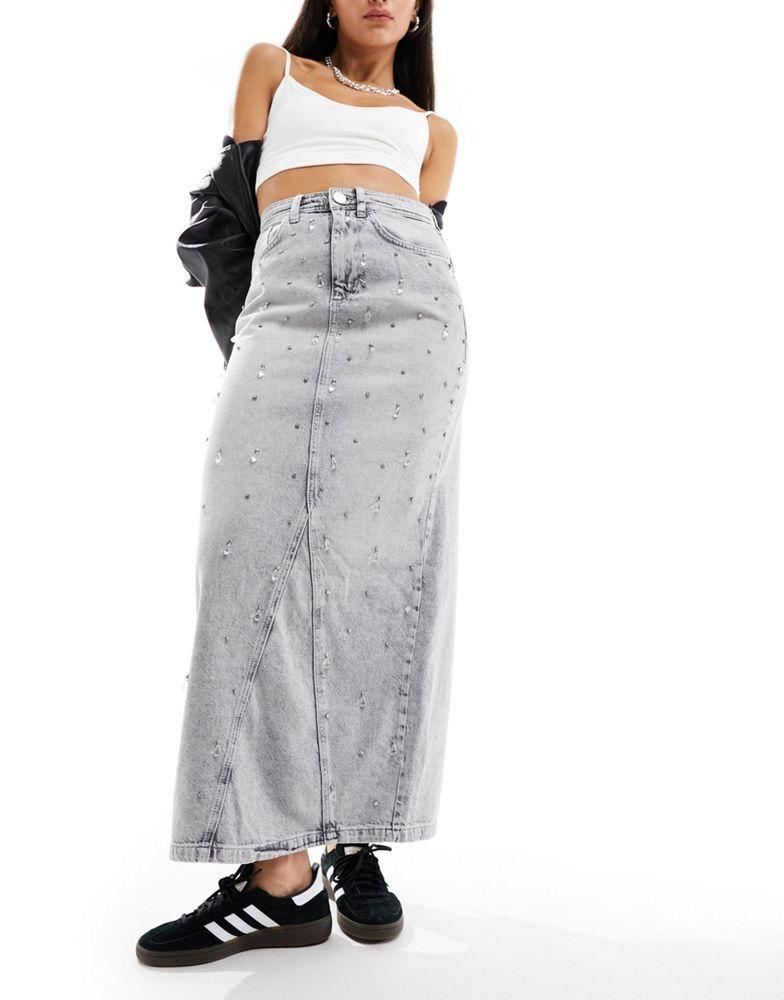 River Island River Island embellished denim maxi skirt in light grey