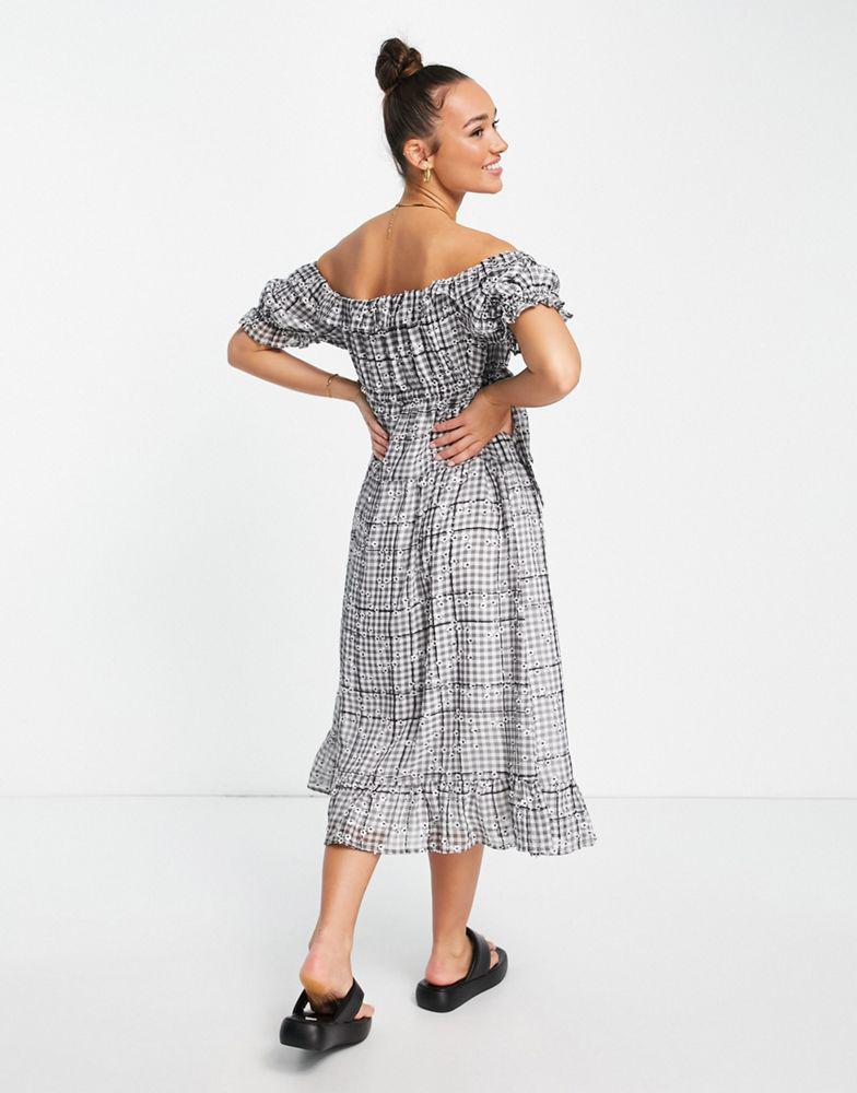 LOST INK Lost Ink off the shoulder embellished gingham maxi dress in multi
