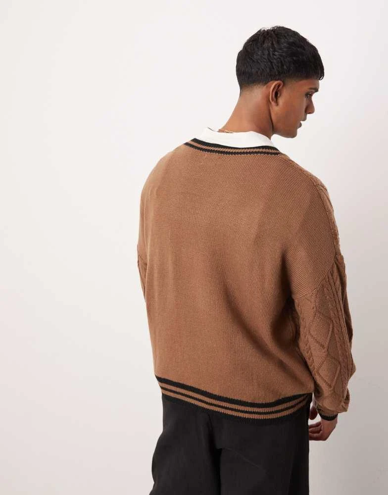 ASOS ASOS DESIGN oversized boxy fit cable knit cricket jumper in brown with black tipping 3