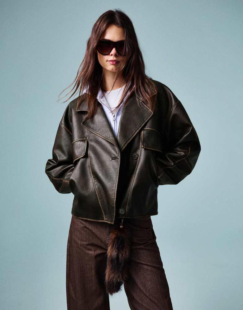 Shop Bershka Leather effect jacket with lapel collar in brown on
