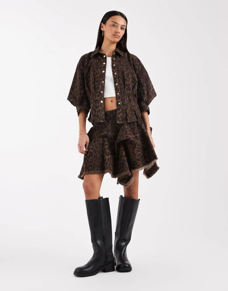 ALL SAINTS AllSaints nancy balloon sleeve leopard print denim top in brown