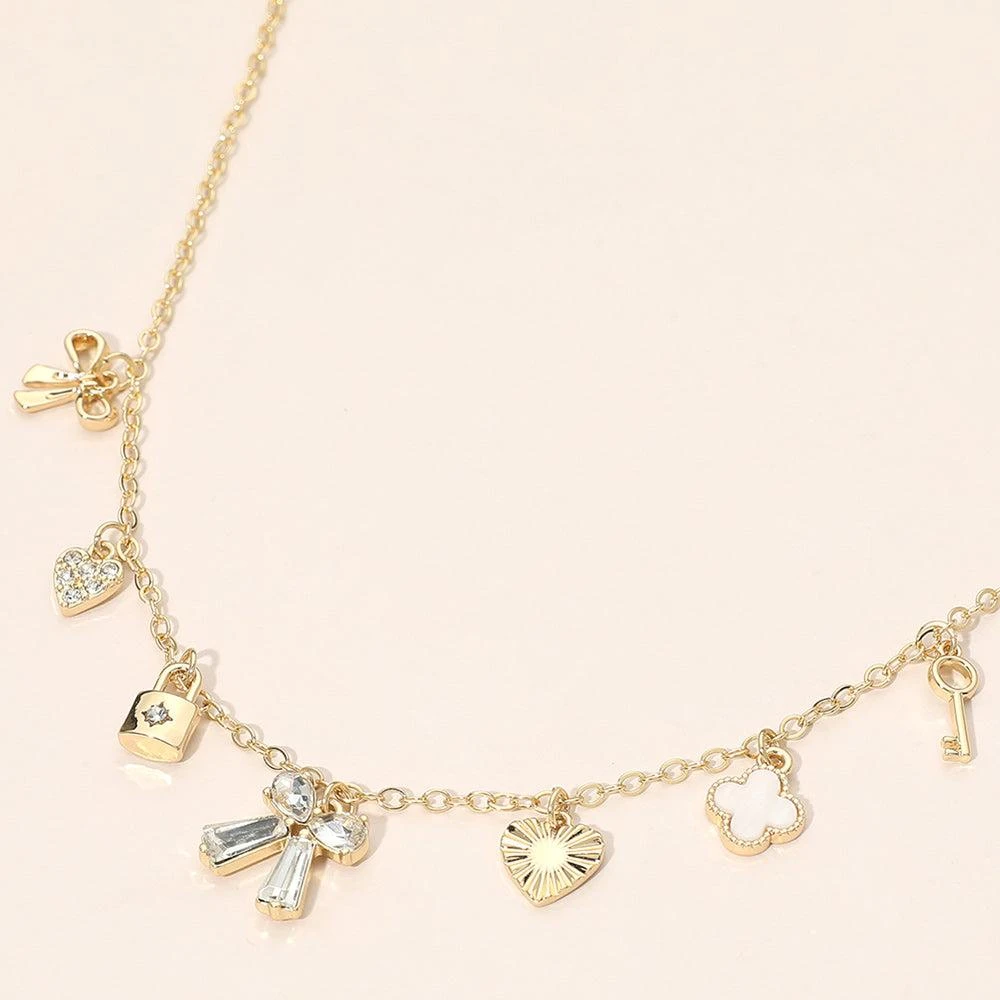 FASHNZFAB Gold Dipped Bow Quatrefoil Lock Heart Charm Station Necklace