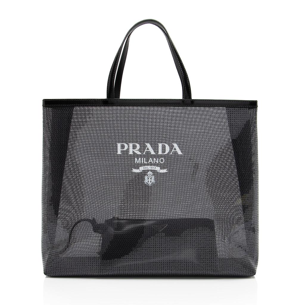 【希少】PRADA Large leather-trimmed mesh tote メッシュトート Prada Large leather-trimmed mesh tote - Tote Bags - Compare