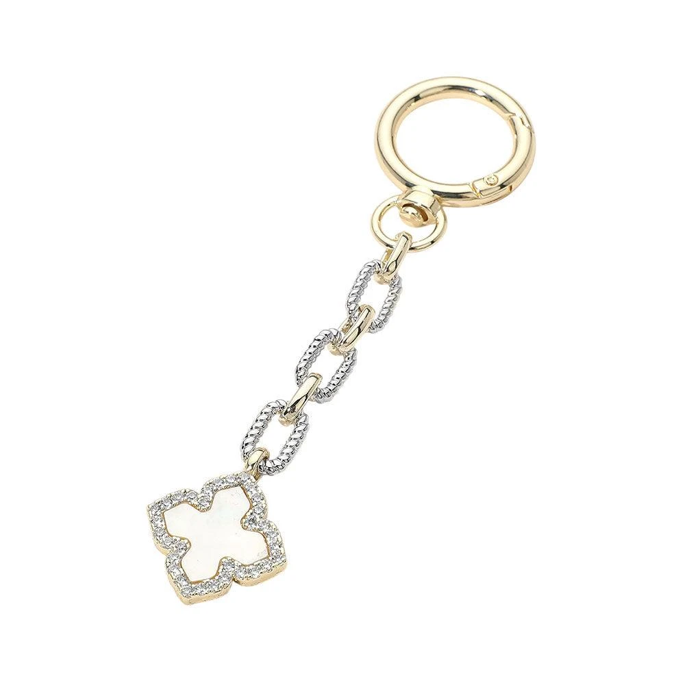 FASHNZFAB 14K Gold Dipped CZ Stone Rim Mother of Pearl Clover Charm Drop Keychain Bag Charm 2