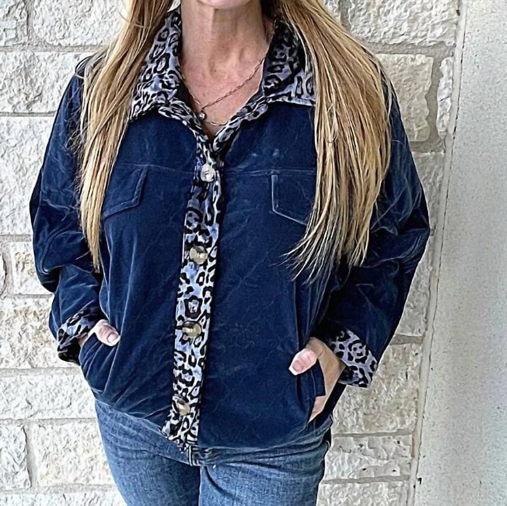 Umgee Velvet Button Up Jacket In Navy Blue 2