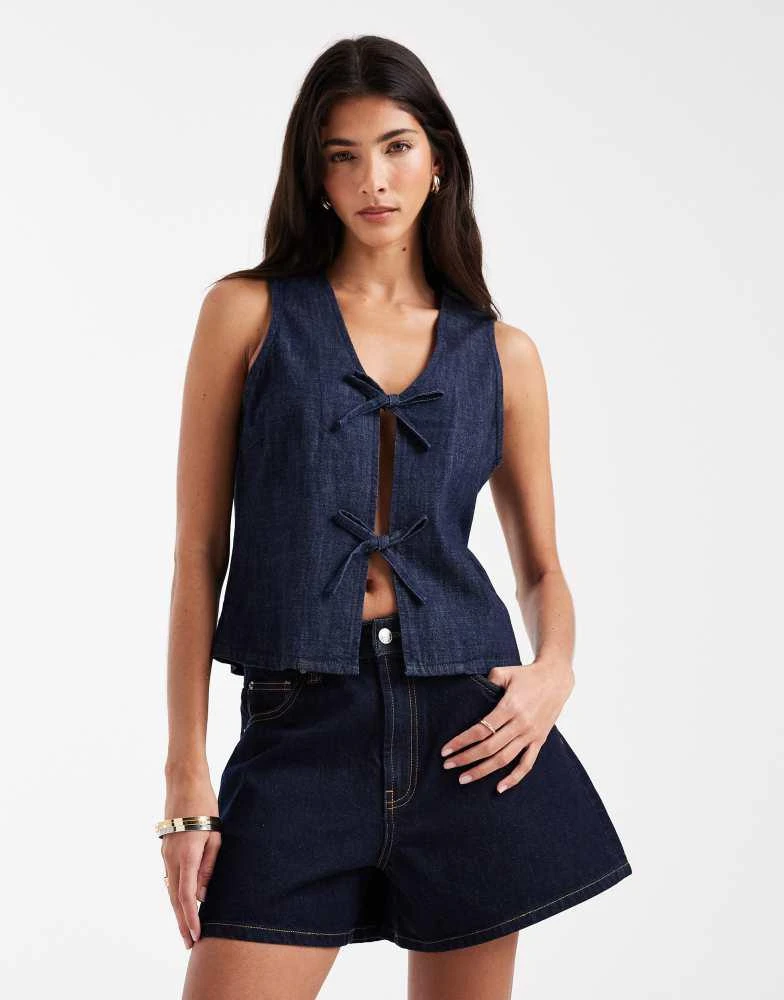 VERO MODA Vero Moda tie front sleeveless denim top in dark rinse wash