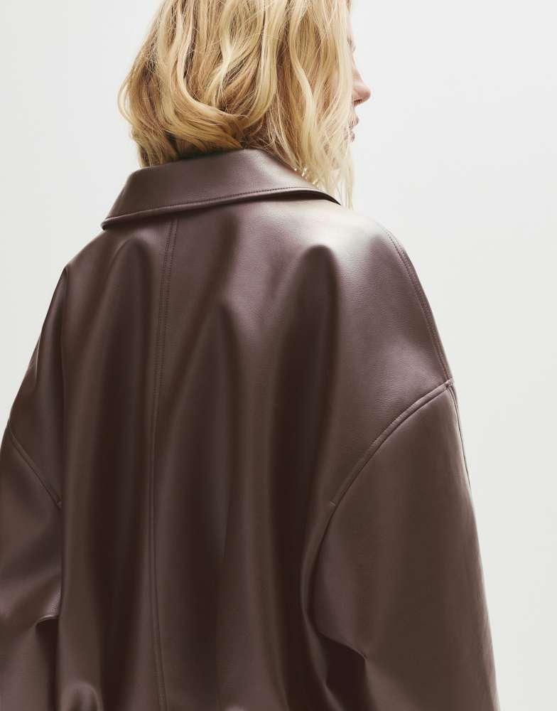 Pull&Bear Pull&Bear Leather effect balloon bomber jacket in