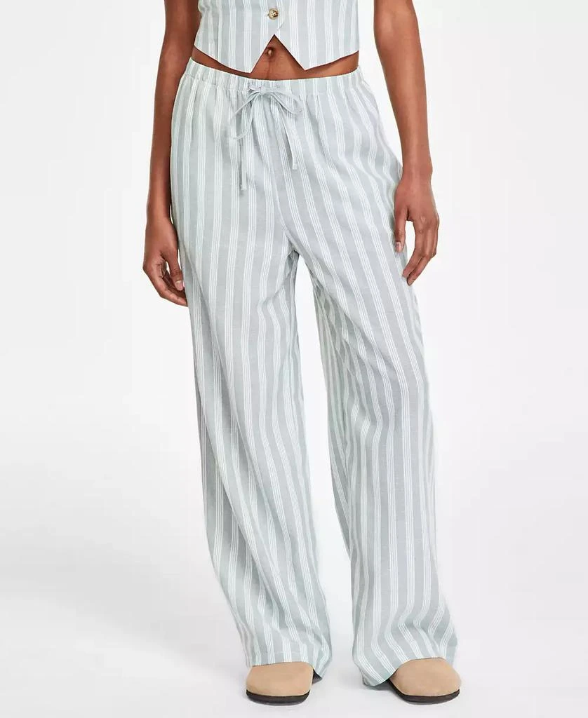 Hippie Rose Juniors' Striped Wide-Leg Drawstring Linen-Blend Pants 3