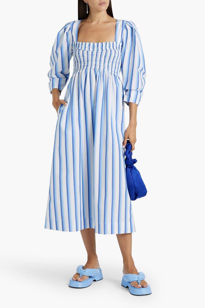 Ganni Shirred striped cotton-poplin midi dress