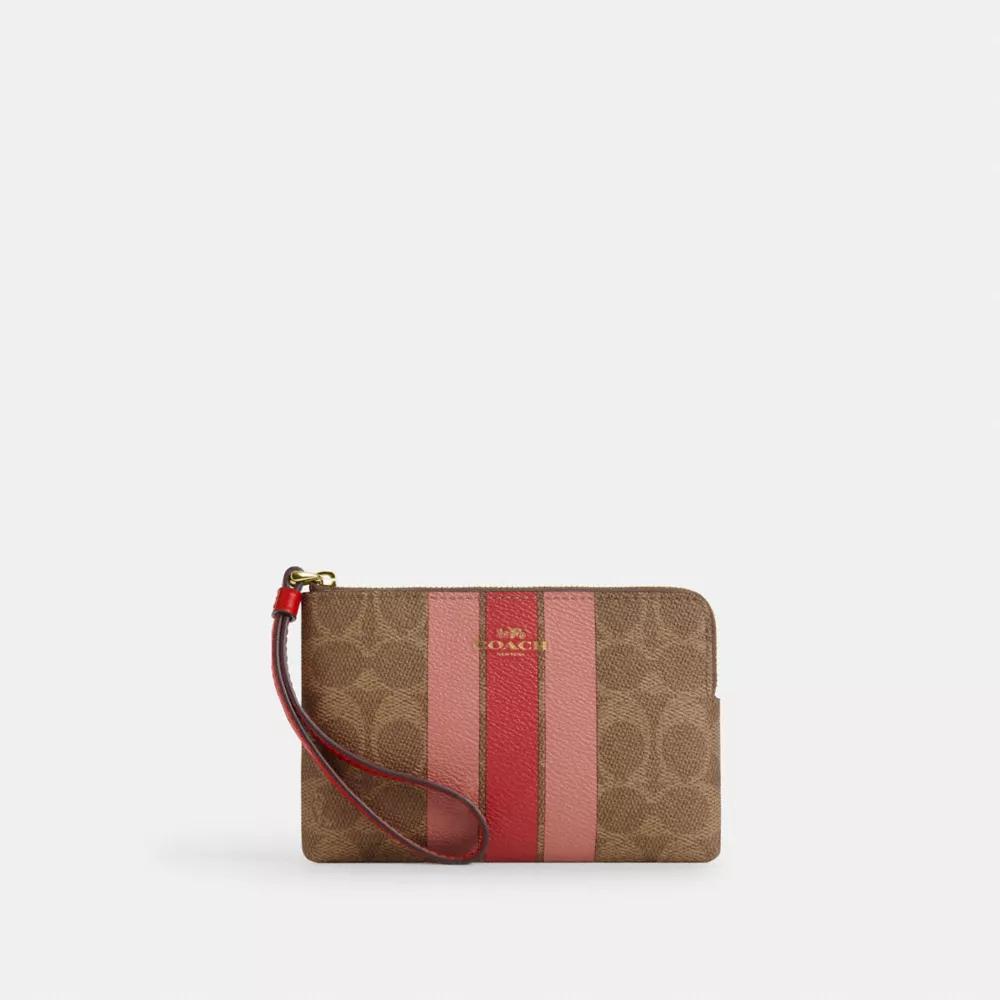 Coach Corner Zip Wristlet In Signature Canvas With Stripe