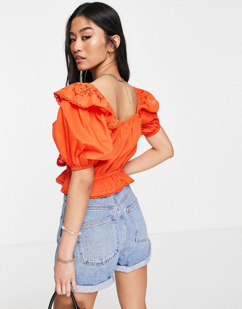 Miss Selfridge Miss Selfridge festival broderie frill detail crop top in burnt orange